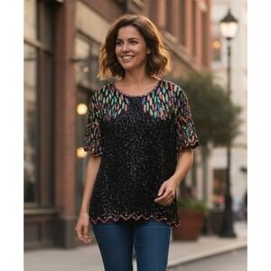 Vtg Jewel Queen Sequin Beaded Silk Blouse‎ Gothic Disco Womens Plus 2X Black NWT